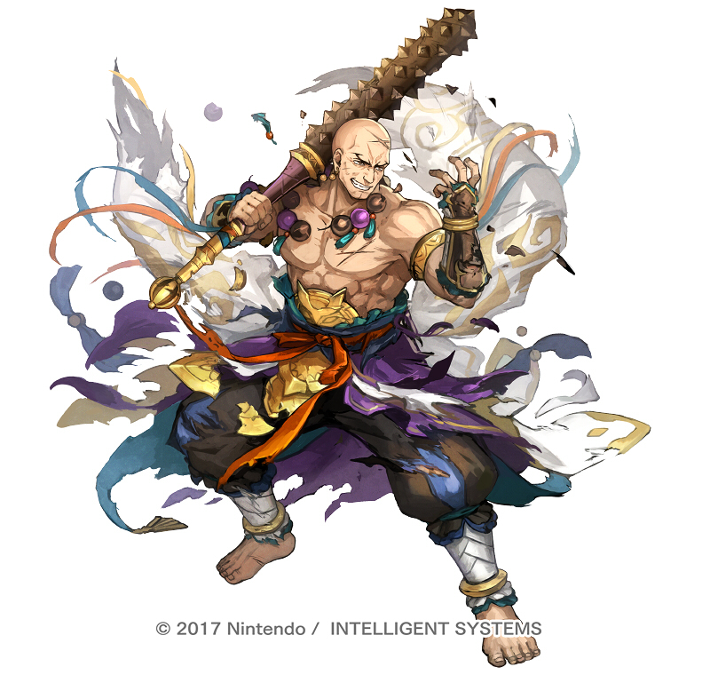 1boy, armlet, bald, barefoot, broken, broken_weapon, club_(weapon), copyright_notice