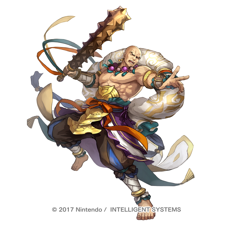 1boy, armlet, bald, barefoot, club_(weapon), copyright_notice, earrings, feet