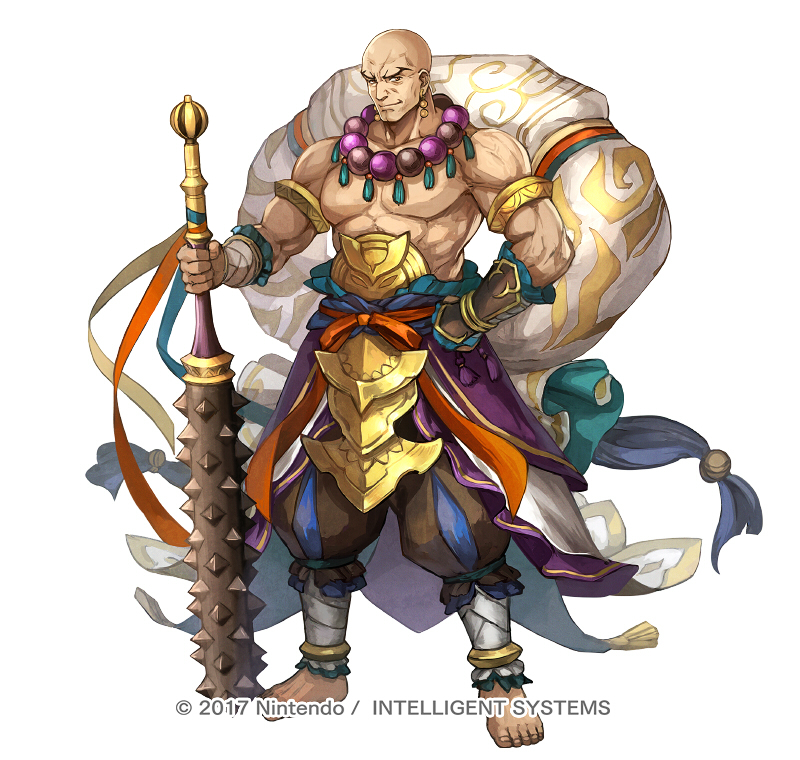 1boy, armlet, bald, barefoot, club_(weapon), copyright_notice, earrings, feet