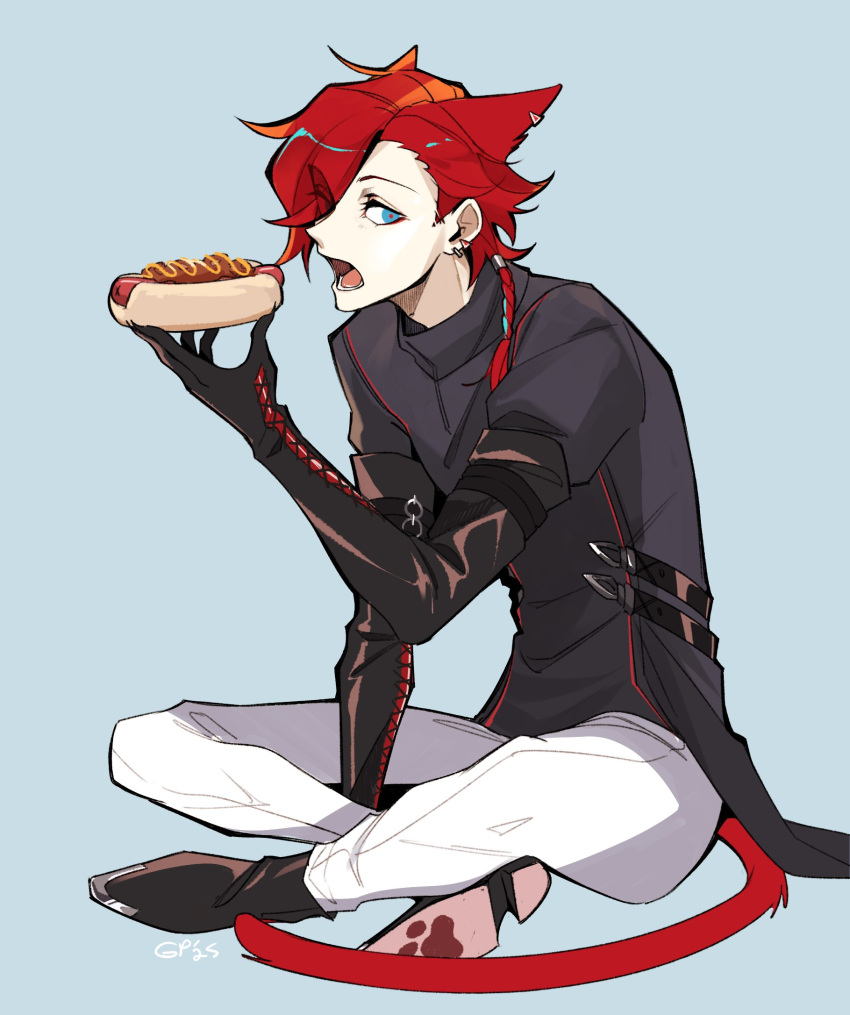 1boy, animal_ears, belt, black_gloves, blue_eyes, braid, caspurr_catacini, cat_boy