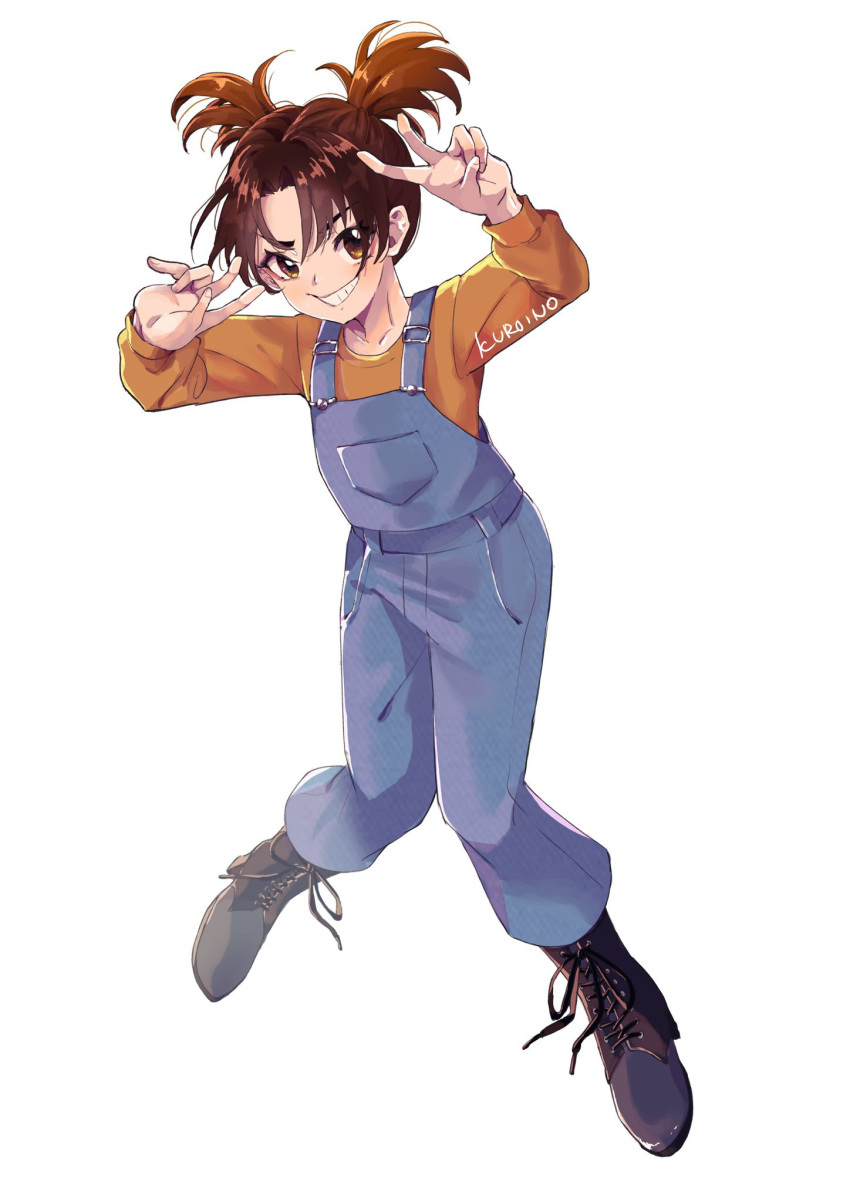 1girl, black_shoes, boots, brown_eyes, brown_hair, brown_shirt, double_v, highres