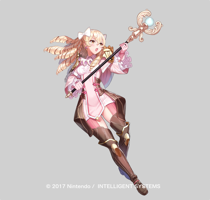1girl, armor, ascot, blonde_hair, boots, bow, breasts, brown_boots, brown_eyes, buttons, commentary_request, copyright_notice, detached_sleeves, drill_hair, earrings, fire_emblem, fire_emblem_awakening, fire_emblem_heroes, frills, full_body, gloves, grey_background, hair_bow, holding, jewelry, kousei_horiguchi, long_hair, long_sleeves, maribelle_(fire_emblem), medium_breasts, official_art, open_mouth, pants, pink_gloves, shoulder_armor, solo, staff, thigh-highs, thigh_boots