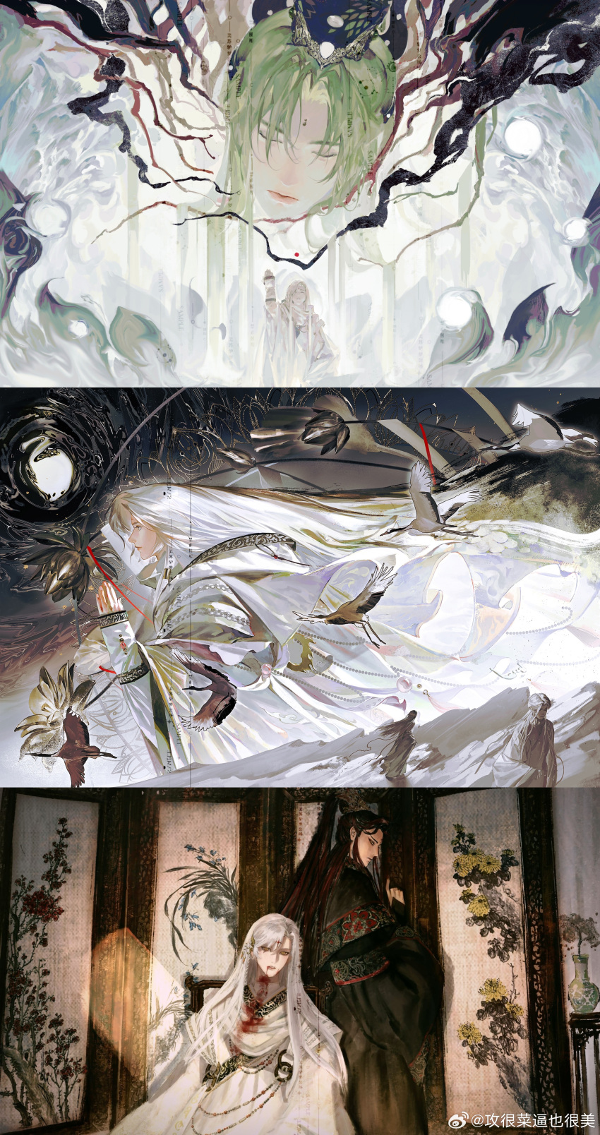 3boys, absurdres, arm_up, beads, bird, black_flower, black_hair, black_hanfu, blood, blood_on_clothes, blood_on_face, chinese_clothes, closed_eyes, closed_mouth, collage, cowboy_shot, curtained_hair, facial_mark, floral_print, flower, flying, from_side, gong_hencai_bi_ye_henmei, green_hair, hair_pulled_back, hanfu, head_only, highres, huadian, ink, jinguang_budaixi, long_hair, long_sidelocks, long_sleeves, looking_ahead, looking_at_viewer, male_focus, mo_cangli, multicolored_hair, multiple_boys, parted_bangs, profile, qiao_rulai, red_hair, sample_watermark, shangguan_hongxin, sidelocks, sleeves_past_wrists, straight-on, upturned_eyes, very_long_hair, watermark, weibo_watermark, white_hair, white_hanfu, white_sleeves, xiao_guan_(headdress), yellow_eyes