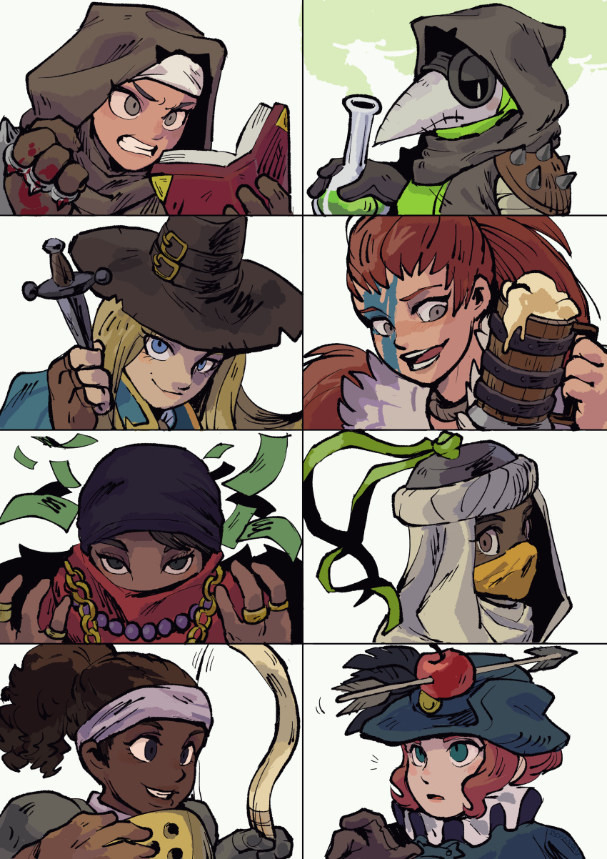 absurdres, antiquarian_(darkest_dungeon), apple, arbalest_(darkest_dungeon), armor, arrow_(projectile), beer_mug, black_eyes