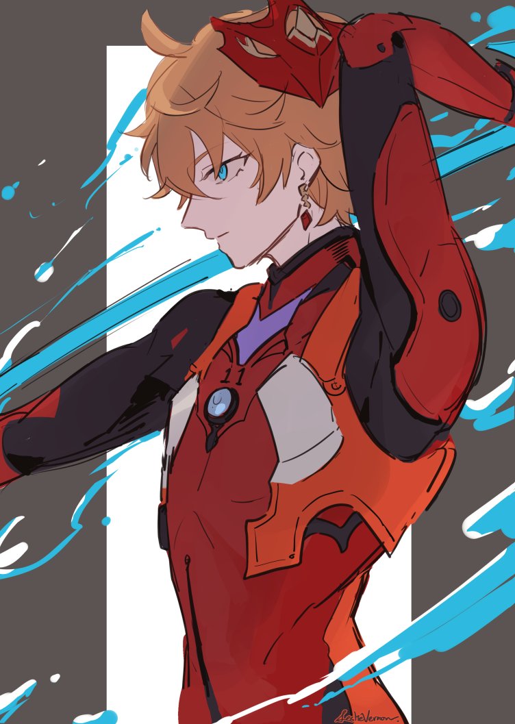 1boy, ahoge, arms_up, blue_eyes, bodysuit, border, closed_mouth, commentary