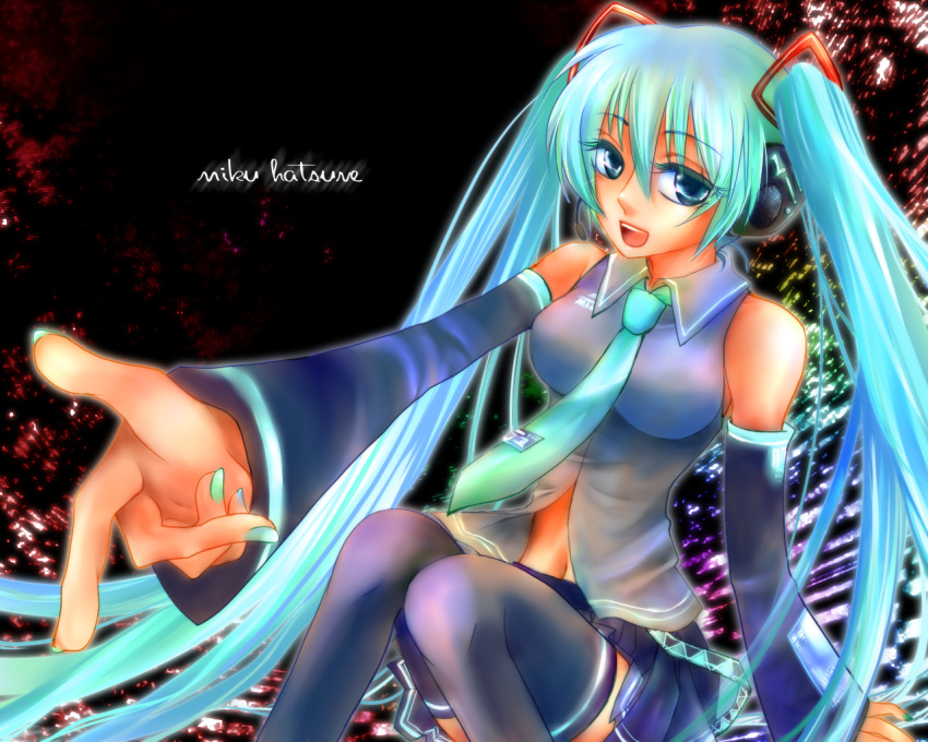 aqua_hair, blue_eyes, detached_sleeves, hatsune_miku, headphones, nail_polish, navel, necktie