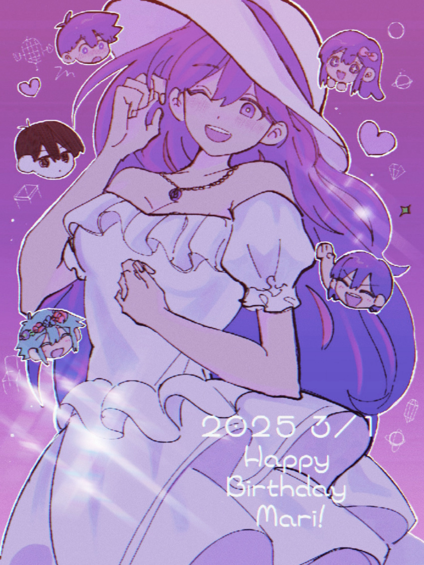 +_+, 2girls, 4boys, alternate_costume, aubrey_(headspace)_(omori), aubrey_(omori), bare_shoulders, basil_(headspace)_(omori)