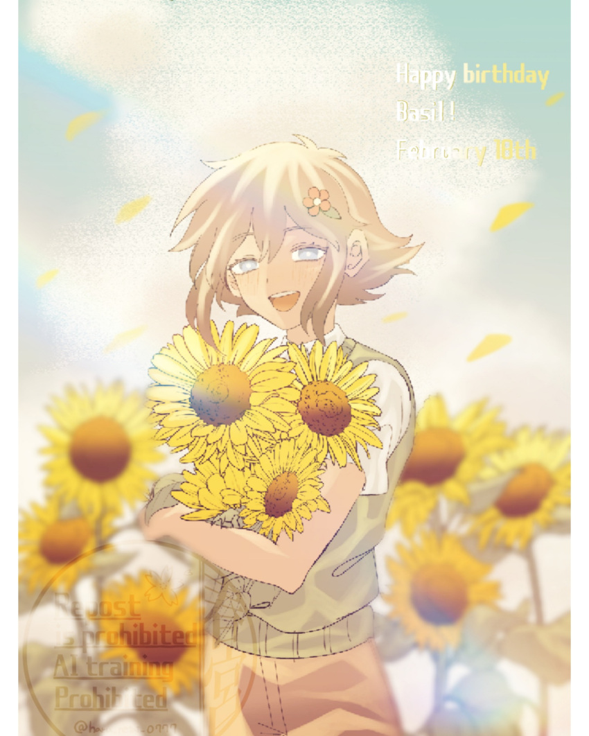 1boy, aliasing, antenna_hair, basil_(faraway)_(omori), basil_(omori), blonde_hair, blue_eyes, blurry