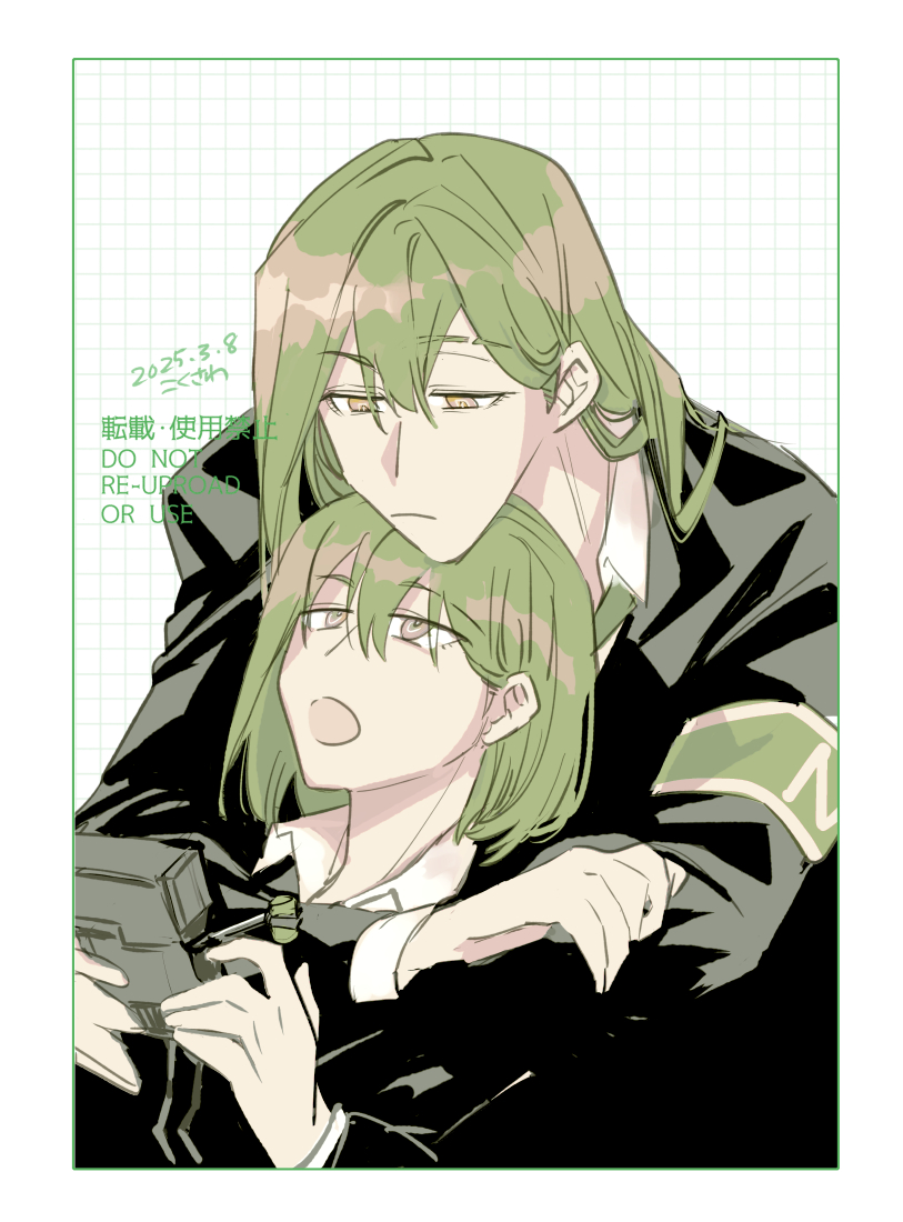 2boys, armband, black_jacket, brown_eyes, formal_clothes, giovanni_(project_moon), green_armband, green_hair, hair_between_eyes, hug, hug_from_behind, jacket, ko_bammm, lobotomy_corporation, long_hair, male_focus, multiple_boys, multiple_persona, netzach_(project_moon), non-humanoid_robot, project_moon, robot, short_hair, suit_jacket, upper_body, yellow_eyes