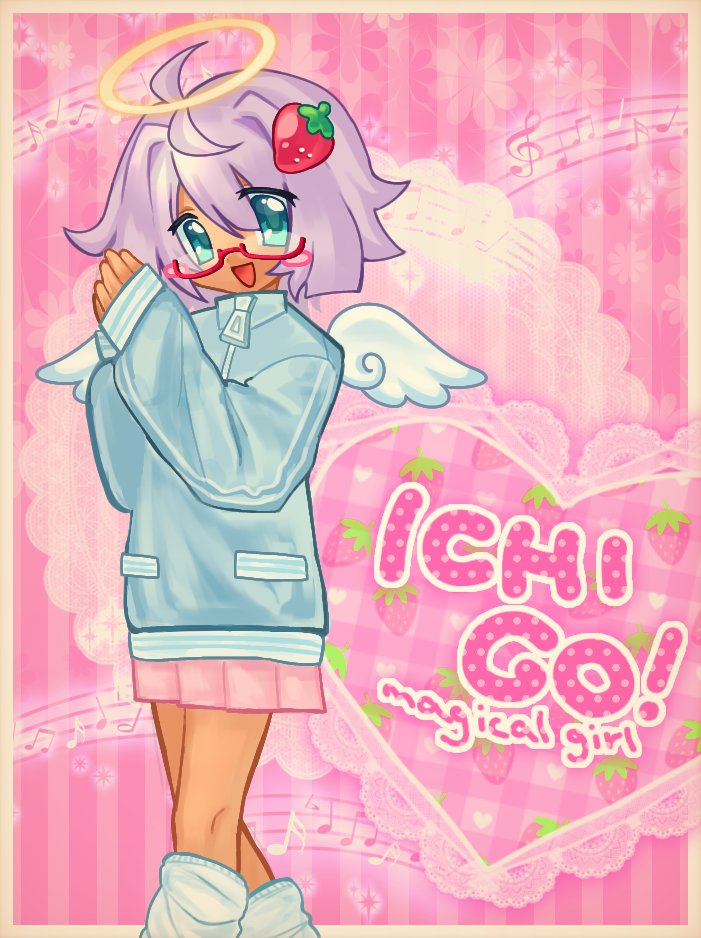 1girl, 2000s_(style), aqua_eyes, cowboy_shot, dark-skinned_female, dark_skin, detached_wings, english_text, food-themed_hair_ornament, glasses, hair_ornament, halo, heisei_retro, ichigo_(mugi44i), jacket, looking_at_viewer, loose_socks, mugi_(mugi44i), open_mouth, original, pink_background, pink_skirt, purple_hair, short_hair, skirt, smile, socks, solo, standing, strawberry_hair_ornament, tan, track_jacket, wings, zipper_pull_tab