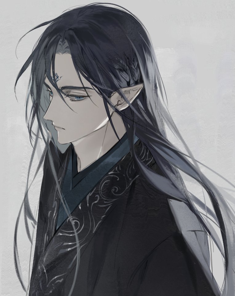 1boy, black_hair, black_hanfu, blue_eyes, chhiii_o_o, chinese_clothes, closed_mouth, grey_background