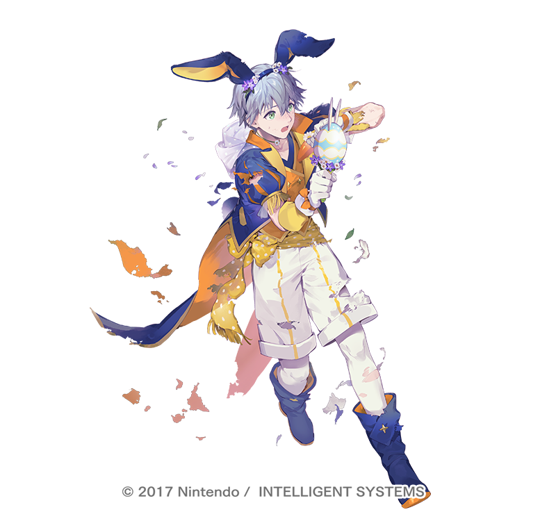 1boy, animal_ear_hairband, animal_ears, ashe_ubert, ashe_ubert_(spring), blue_boots, blue_hair, blue_hairband, blue_jacket, boots, easter, easter_egg, egg, fake_animal_ears, fire_emblem, fire_emblem:_three_houses, fire_emblem_heroes, full_body, gloves, green_eyes, hairband, holding, holding_weapon, jacket, looking_at_viewer, male_focus, official_alternate_costume, official_art, orange_vest, pants, pantyhose, rabbit_ear_hairband, rabbit_ears, short_hair, shorts, simple_background, solo, standing, suzuki_iori, torn_clothes, vest, weapon, white_background, white_gloves, white_pantyhose, white_shorts