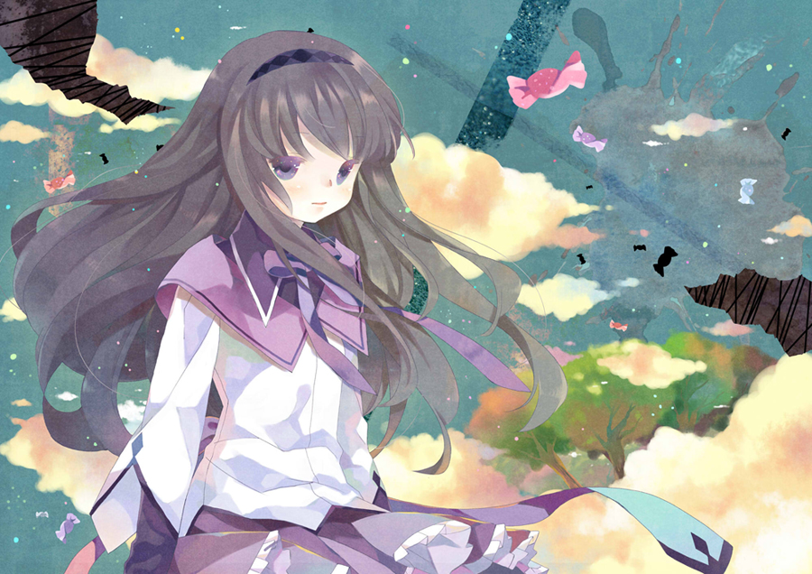 akemi_homura, alitou, bad_id, black_hair, cloud, clouds, hairband, long_hair, mahou_shoujo_madoka_magica, purple_eyes, solo, violet_eyes