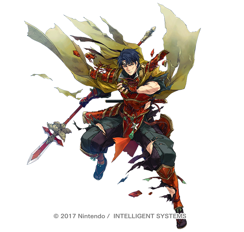 1boy, armor, black_gloves, black_hair, cape, copyright_notice, cuts, damaged
