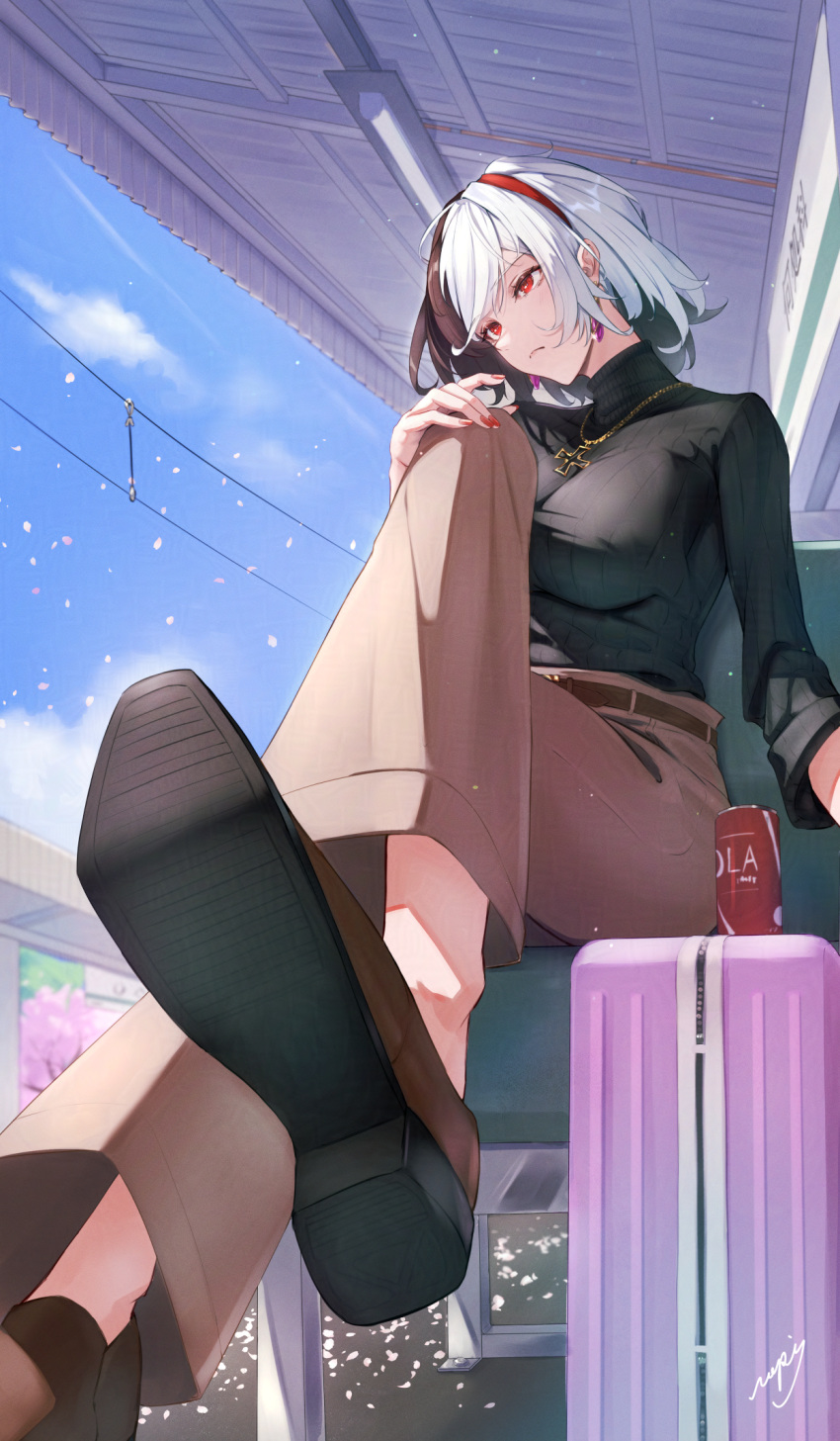 1girl, azur_lane, black_hair, black_shoes, blue_sky, brown_pants, bruenhilde_(azur_lane), can, closed_mouth, cola, cross, crossed_legs, earrings, hand_on_own_knee, highres, iron_cross, jewelry, multicolored_hair, necklace, outdoors, pants, red_eyes, red_nails, ropi_(yyuichi29), shoes, signature, sitting, sky, solo, split-color_hair, suitcase, white_hair