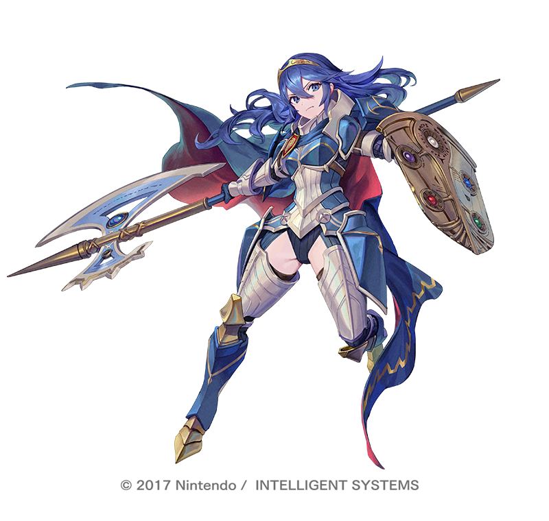 1girl, armor, attack, axe, black_leotard, blue_cape, blue_eyes, blue_hair, brand_of_the_exalt, cape, copyright_notice, crest, family_crest, fire_emblem, fire_emblem_awakening, fire_emblem_heroes, full_body, gesoking, holding, holding_axe, holding_shield, leotard, long_hair, lucina_(fate's_resolve)_(fire_emblem), lucina_(fire_emblem), no_pants, official_alternate_costume, official_art, red_cape, shield, solo, tiara, v-shaped_eyebrows, white_background