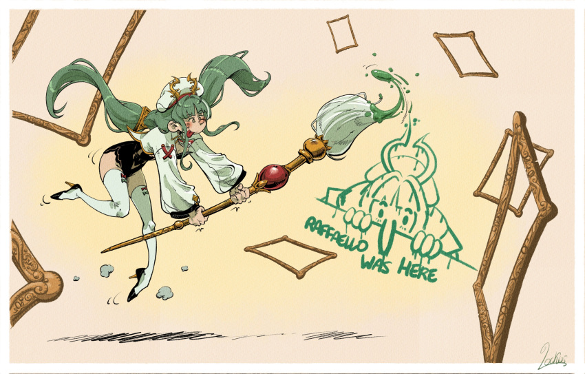 :p, absurdres, azur_lane, black_leotard, black_shoes, black_thighhighs, drawing_(action), giant_brush, green_hair, hat, hat_horns, high_heels, highres, holding, holding_brush, kilroy_was_here, leotard, lockuspockus, long_hair, low_twintails, paint_splatter, paintbrush, raffaello_(azur_lane), shoes, shrug_(clothing), signature, thigh-highs, tongue, tongue_out, twintails, very_long_hair, white_hat, white_shrug