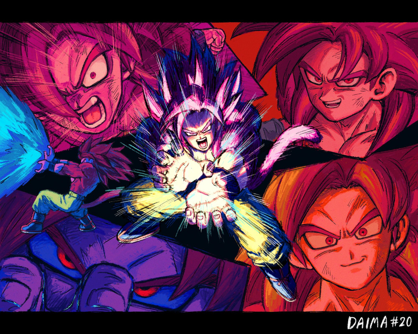 1boy, chimachimadb, dragon_ball, dragon_ball_daima, episode_number, full_body, highres, kamehameha_(dragon_ball), long_hair, male_focus, monkey_tail, multiple_views, muscular, muscular_male, orange_pants, pants, red_eyes, red_fur, red_hair, red_tail, solo_focus, son_goku, speed_lines, spiky_hair, super_saiyan, super_saiyan_4, tail, topless_male