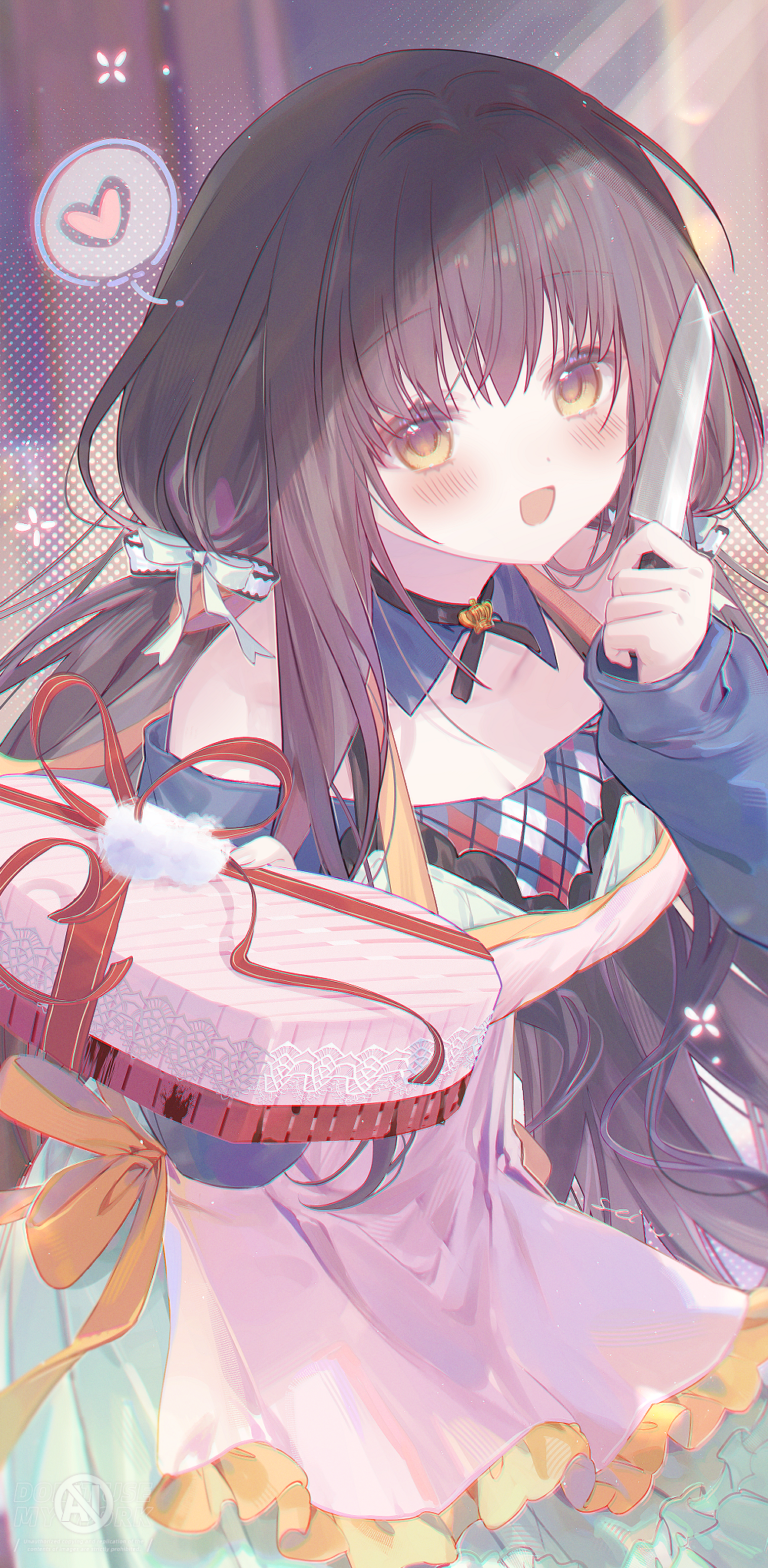 1girl, :d, apron, black_hair, blush, bow, box, breasts