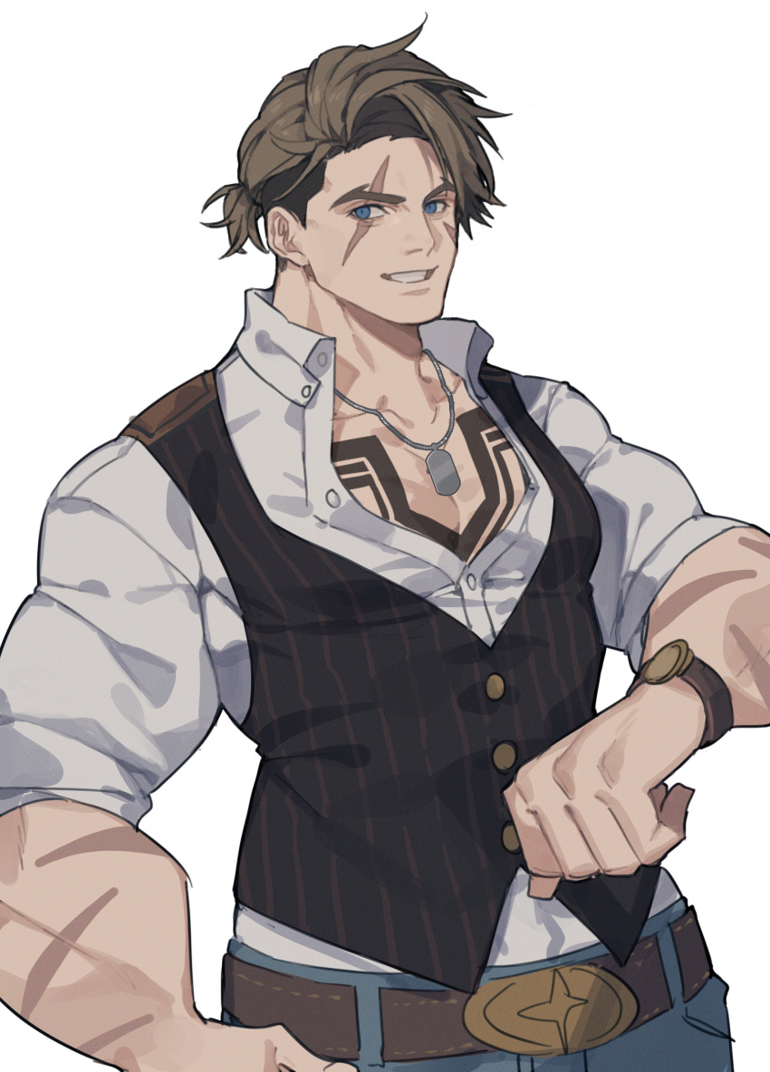 1boy, absurdres, arm_up, belt, belt_buckle, black_vest, blue_eyes, blue_pants