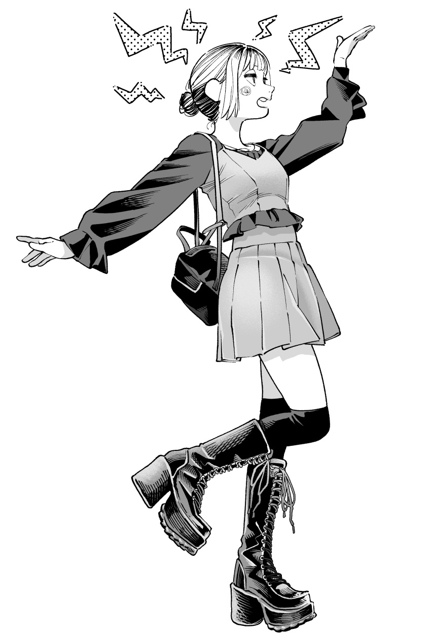 1girl, absurdres, backpack, bag, boots, earrings, full_body, gavucchi