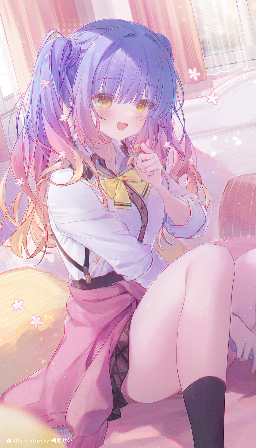 1girl, :d, artist_name, black_socks, blonde_hair, blue_hair, blue_nails, blush