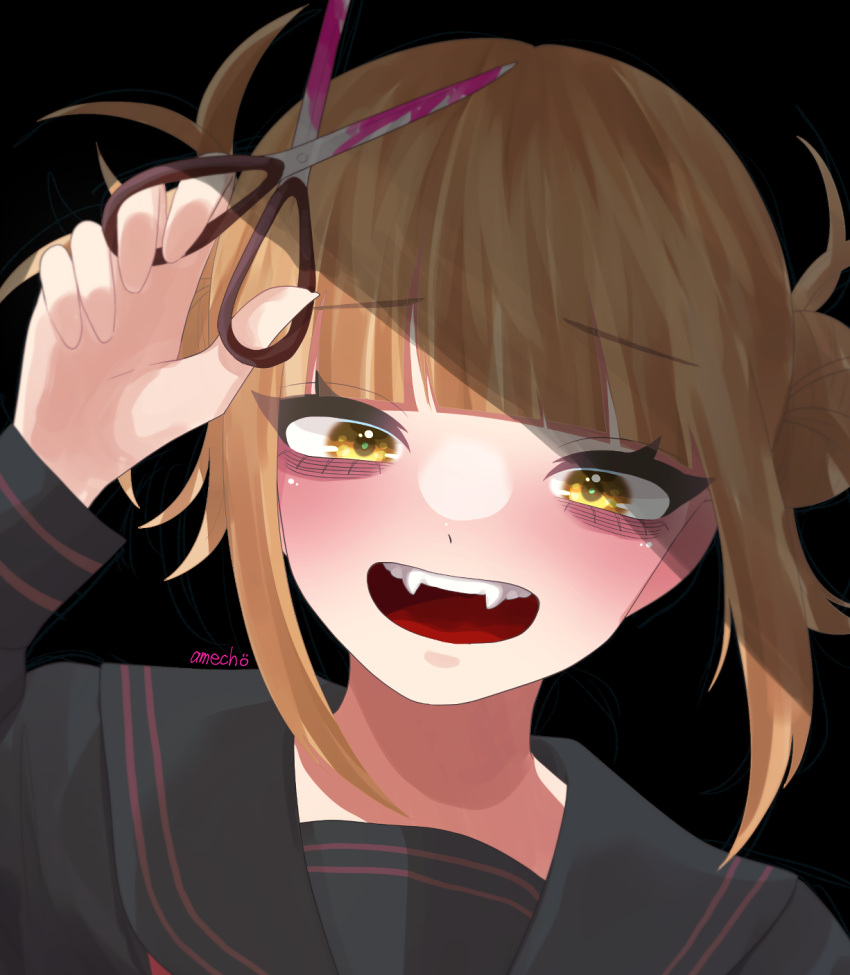 1girl, amecho_wa, arms_up, bags_under_eyes, black_background, blonde_hair, blood, blood_stain