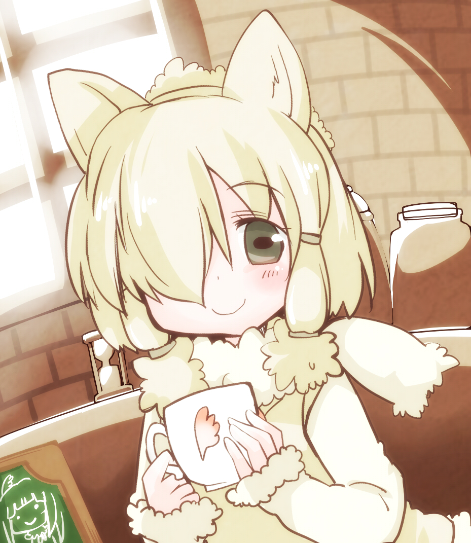 1girl, alpaca_ears, alpaca_suri_(kemono_friends), animal_ear_fluff, animal_ears, blonde_hair, blush, brick_wall