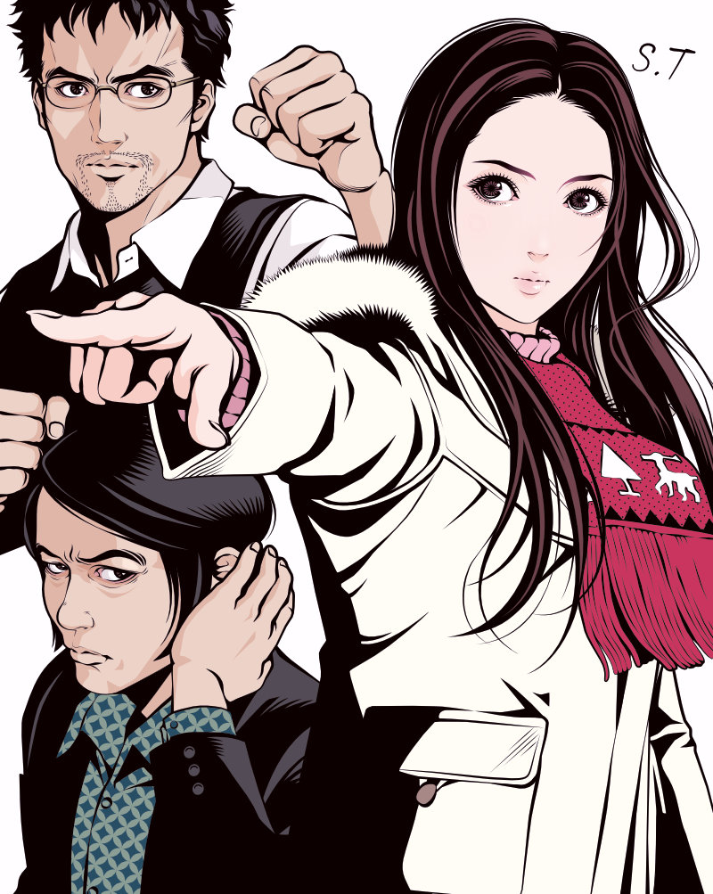 1girl, 2boys, black_eyes, black_hair, black_jacket, black_sweater_vest, brown_eyes, brown_hair