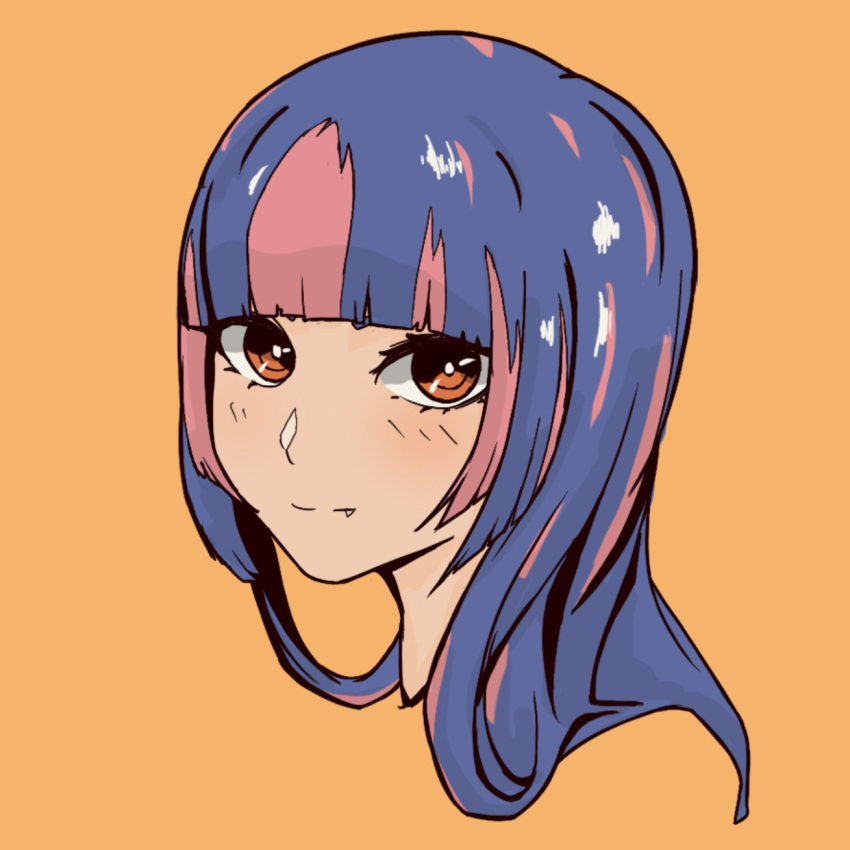 1girl, blunt_bangs, closed_mouth, fang, highres, long_hair, looking_at_viewer, orange_background