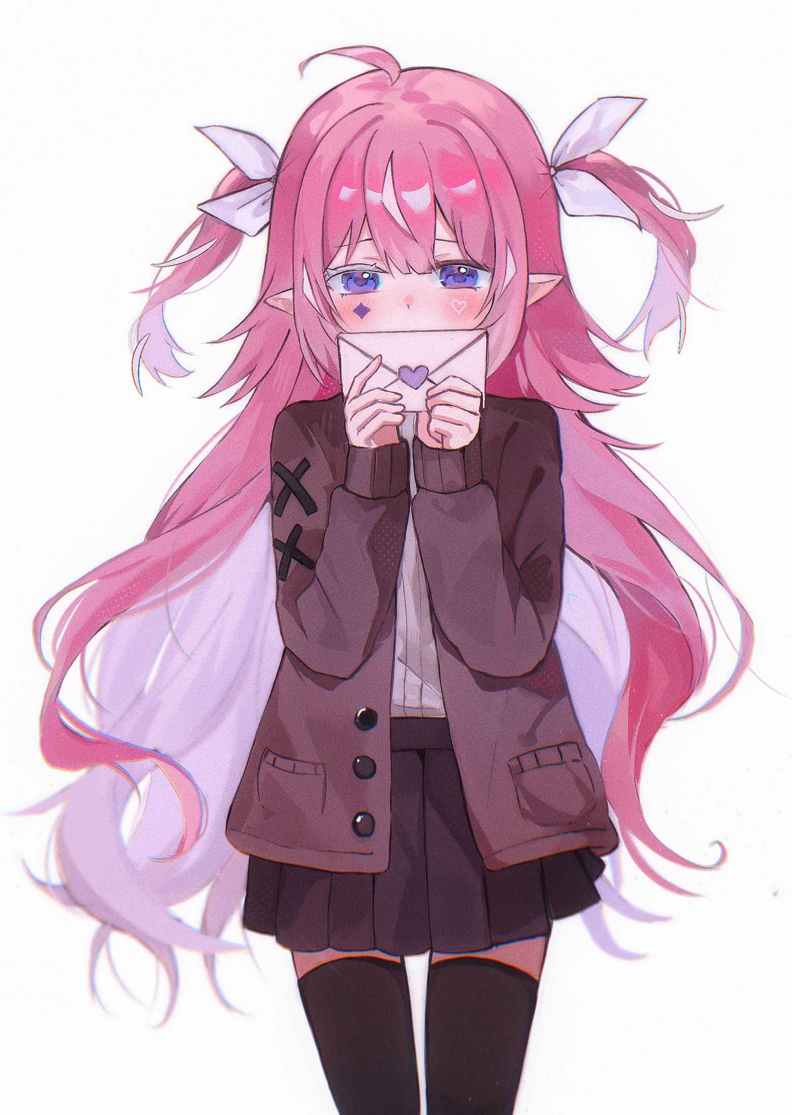1girl, ahoge, black_skirt, black_thighhighs, blush, brown_jacket, camila_(vtuber), commentary