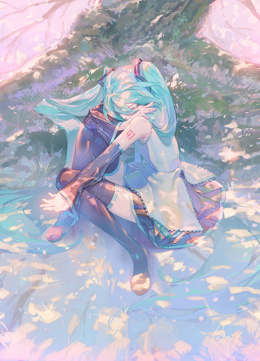 1girl, absurdres, agyou_sonokou_l, aqua_hair, black_boots, black_skirt, black_sleeves, boots