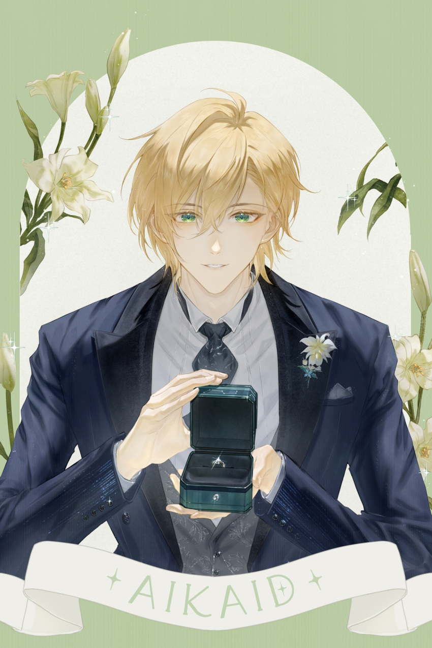 1boy, alkaid_mcgrath, black_jacket, black_necktie, black_sleeves, box, buttoned_cuffs, buttons