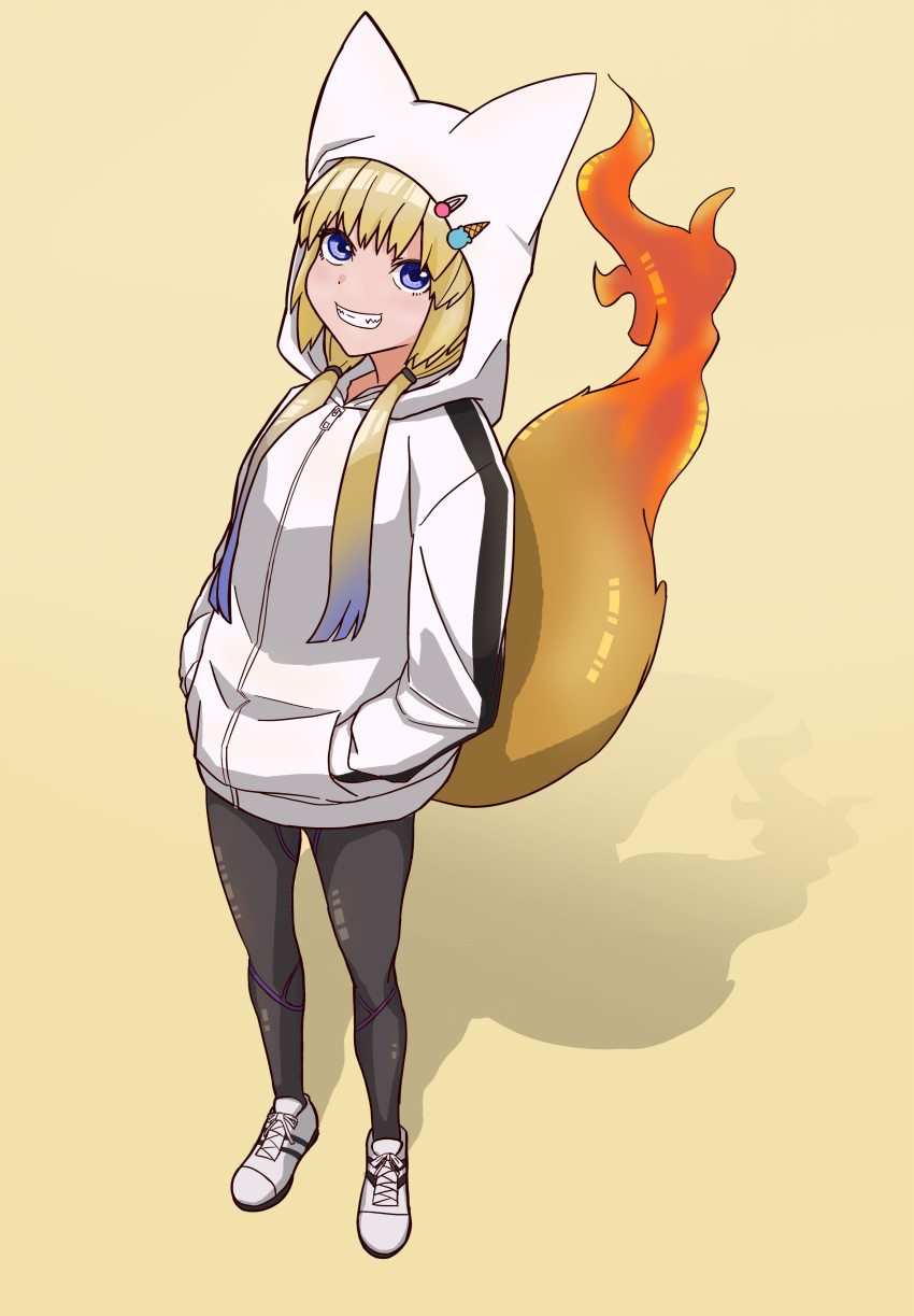1girl, absurdres, animal_hood, black_leggings, blonde_hair, flame-tipped_tail, food-themed_hair_ornament, fox_girl