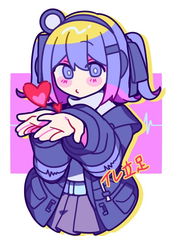 1girl, a.i._voice, adachi_rei, alternate_color, belt, black_jacket, black_ribbon, blue_belt, blue_eyes, blue_hair, blue_shirt, blush, bright_pupils, cropped_legs, hair_between_eyes, headlamp, headphones, heart, jacket, long_sleeves, open_clothes, open_jacket, pink_background, pleated_skirt, ribbon, sankaku_jougi, shirt, side_ponytail, skirt, solo, utau, white_background, white_pupils