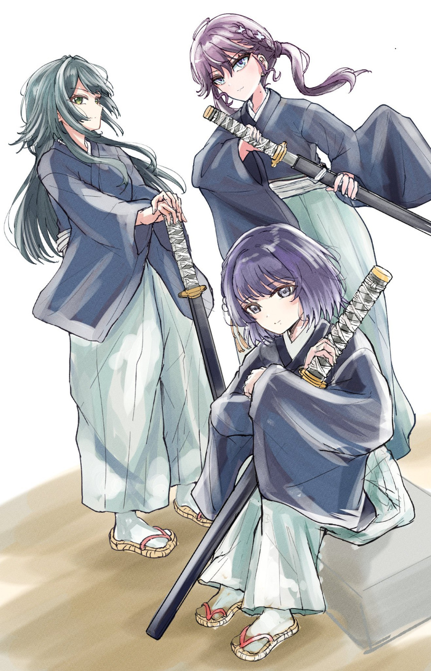 3girls, ahoge, blue_eyes, blue_kimono, braid, butterfly_hair_ornament, commentary, drawing_sword