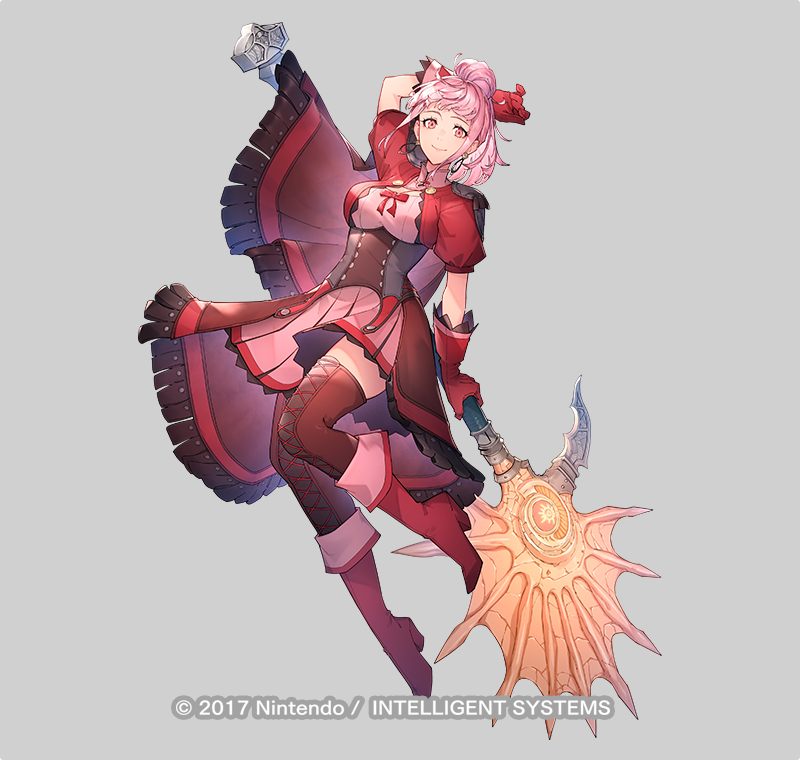 1girl, arm_behind_head, arm_up, axe, battle_axe, boots, bow, breasts, capelet, closed_mouth, copyright_notice, cropped_jacket, dress, elbow_gloves, essual_(layer_world), fire_emblem, fire_emblem:_three_houses, fire_emblem_heroes, fire_emblem_warriors:_three_hopes, freikugel_(fire_emblem), full_body, gloves, grey_background, hair_bun, hilda_valentine_goneril, holding, holding_weapon, huge_weapon, jacket, jewelry, lips, long_hair, looking_at_viewer, medium_breasts, official_art, pink_dress, pink_eyes, pink_hair, short_sleeves, simple_background, skirt, smile, tachi-e, thigh-highs, thigh_boots, thighs, weapon, zettai_ryouiki