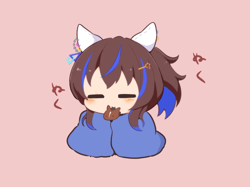 1girl, animal, animal_ears, blanket, blue_hair, blush_stickers, brown_hair, closed_eyes