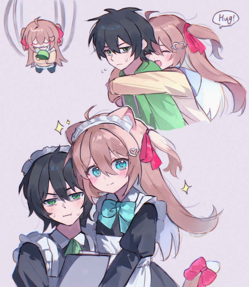 1boy, 1girl, ahoge, animal_ears, apron, black_dress, black_hair, black_thighhighs