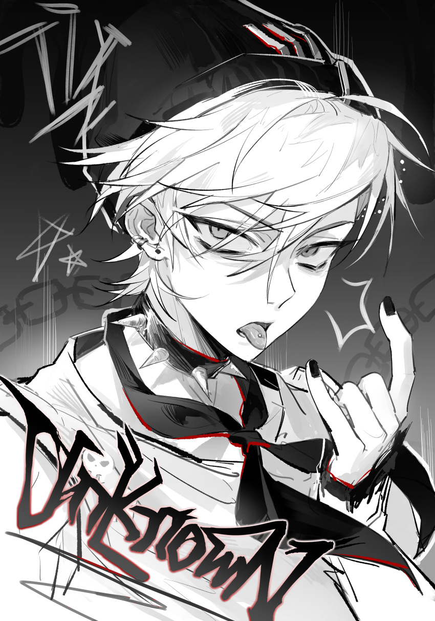 1boy, \n/, absurdres, alien_stage, beanie, commentary, ear_piercing, earrings, english_commentary, eweisse, greyscale, hat, highres, jewelry, male_focus, monochrome, nail_polish, necktie, piercing, portrait, short_hair, solo, song_name, spot_color, till_(alien_stage), tongue, tongue_out, tongue_piercing, very_short_hair