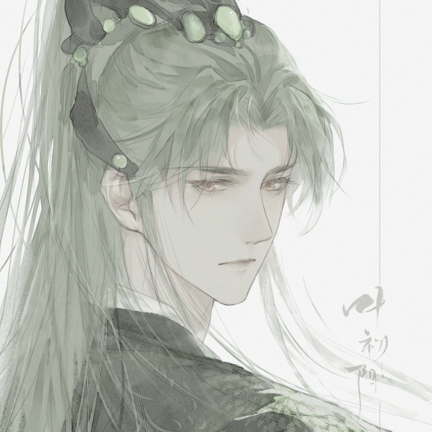 1boy, chinese_clothes, curtained_hair, floating_hair, from_side, green_hair, green_hanfu, hair_ornament