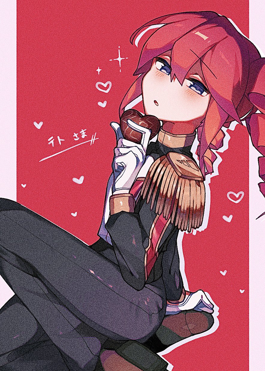 1girl, alternate_costume, black_pants, black_shirt, blush, brown_shoes, candy, chocolate, drill_hair, food, gloves, grey_eyes, hair_ornament, heart, heart-shaped_chocolate, heart-shaped_food, highres, holding, holding_chocolate, holding_food, kasane_teto, looking_at_viewer, military_uniform, open_mouth, pants, red_background, sankaku_jougi, shirt, shoes, shoulder_boards, simple_background, solo, twin_drills, twintails, utau, valentine, white_gloves