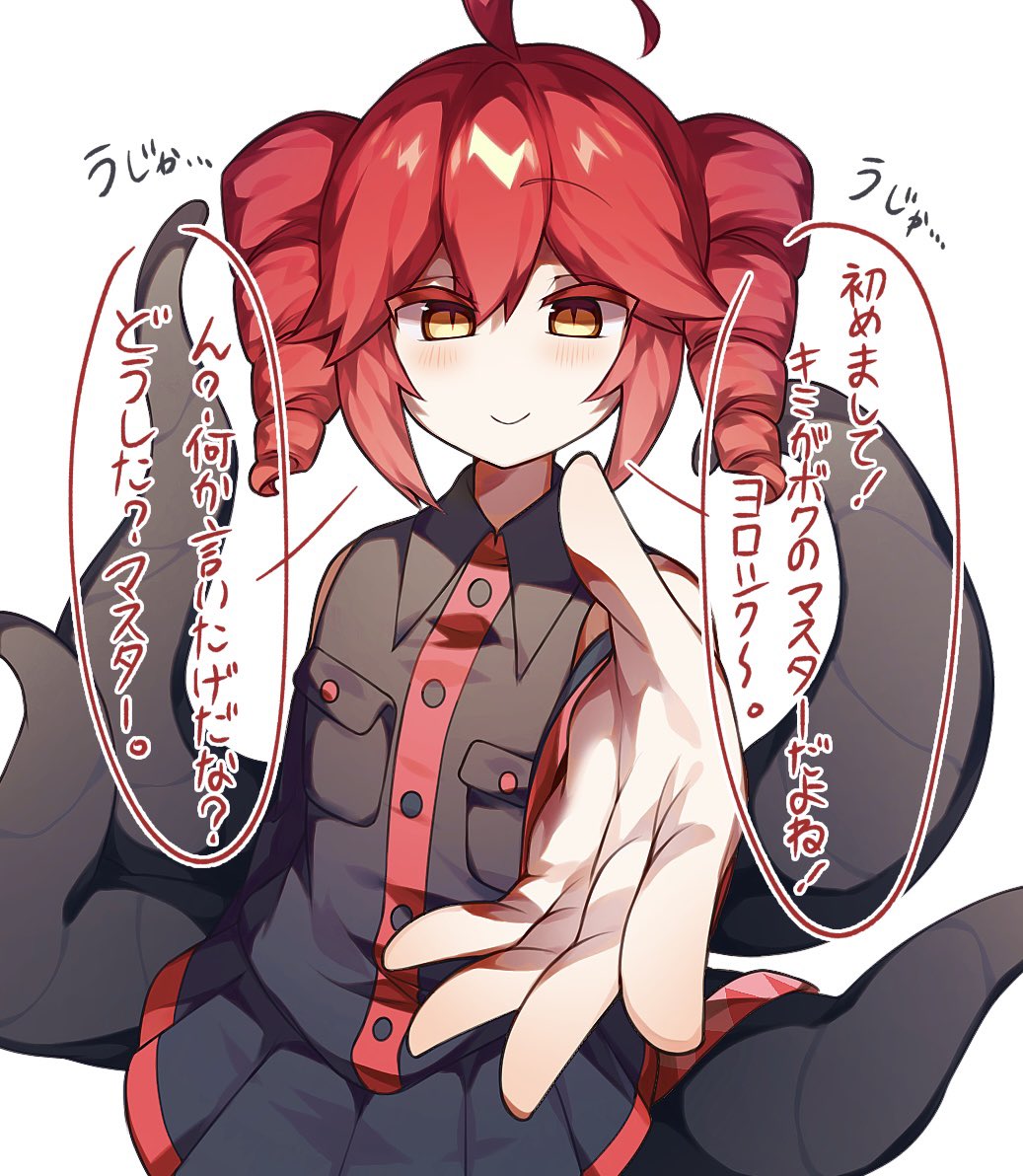 alternate_eye_color, bare_shoulders, black_shirt, black_skirt, black_sleeves, blush, breast_pocket, buttons