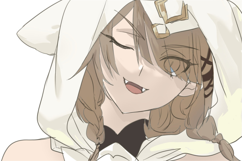 1girl, ;d, amyucheu, animal_ears, blue_eyes, brown_hair, cat_ears, cat_girl, fangs, highres, honkai_(series), honkai_impact_3rd, looking_at_viewer, one_eye_closed, pardofelis, pardofelis_(reverist_calico), simple_background, smile, solo, upper_body, white_background