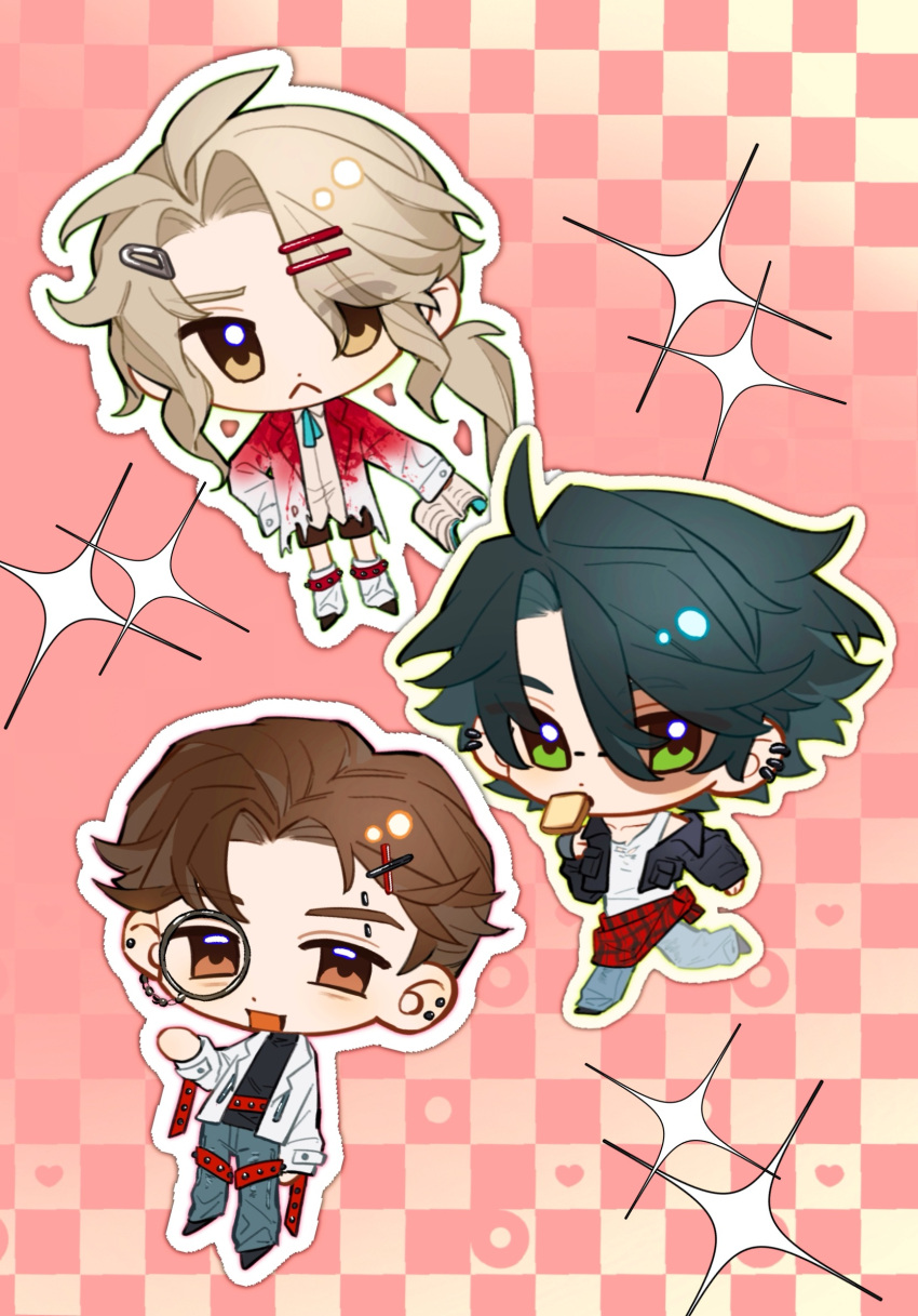 3boys, :<, ahoge, antenna_hair, aqua_ribbon, belt, black_hair, black_jacket, black_shirt, black_shoes, black_shorts, blonde_hair, blood, blood_on_clothes, blue_pants, book, bread, bread_slice, brown_eyes, brown_hair, burn_scar, chibi, chibi_only, chinese_commentary, closed_mouth, clothes_around_waist, collared_shirt, commentary_request, cropped_jacket, curtained_hair, denim, dianbo635, earclip, earrings, eyes_visible_through_hair, food, food_in_mouth, frederick_kreiburg, frown, green_eyes, grey_pants, hair_between_eyes, hair_ornament, hairclip, hand_up, heart, highres, holding, holding_book, identity_v, jacket, jacket_around_waist, jeans, jewelry, lapels, leg_warmers, long_hair, long_sleeves, male_focus, monocle, monocle_chain, mouth_hold, multiple_boys, neck_ribbon, no_sclera, norton_campbell, notched_lapels, open_clothes, open_jacket, open_mouth, orpheus_(identity_v), outline, pants, plaid_clothes, plaid_jacket, pocket, red_background, red_belt, red_jacket, ribbon, running, scar, scar_on_face, shirt, shoes, short_hair, shorts, sleeves_past_fingers, sleeves_past_wrists, smile, sparkle, stud_earrings, tank_top, toast, toast_in_mouth, torn_clothes, torn_jacket, untucked_shirt, white_jacket, white_leg_warmers, white_outline, white_shirt, white_tank_top, x_hair_ornament, yellow_eyes