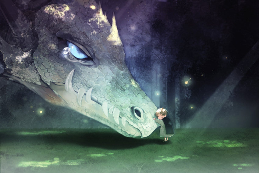 axis_powers_hetalia, blue_eyes, child, dragon, fireflies, forest, hug, kitsuta