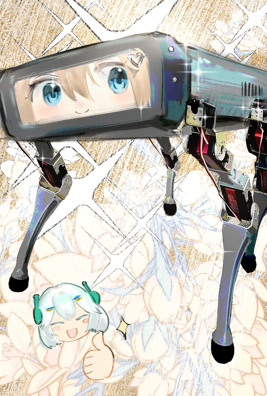2girls, antennae, blue_eyes, blush_stickers, brown_hair, closed_eyes, closed_mouth, ellie_minibot, hair_between_eyes, hair_ornament, heart, heart_hair_ornament, highres, indie_virtual_youtuber, liquain, medium_hair, multiple_girls, neuro-sama, non-humanoid_robot, open_mouth, robot, robot_animal, robot_dog, smile, sparkle, thumbs_up, virtual_youtuber, white_hair