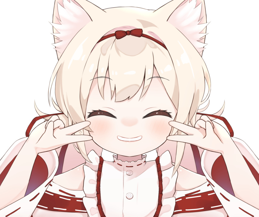 1girl, amai_hiyo, amai_hiyo_(sister), animal_ears, blush, cat_ears, commentary_request, double_v