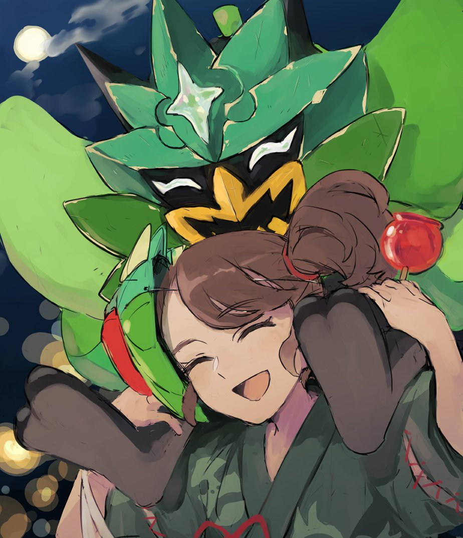 1girl, :d, braid, brown_hair, candy_apple, chikiso, closed_eyes, eyelashes