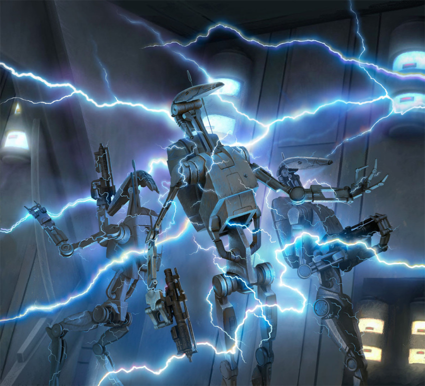 alexandr_elichev, b1_battle_droid, electricity, gun, holding, holding_gun, holding_weapon, no_humans